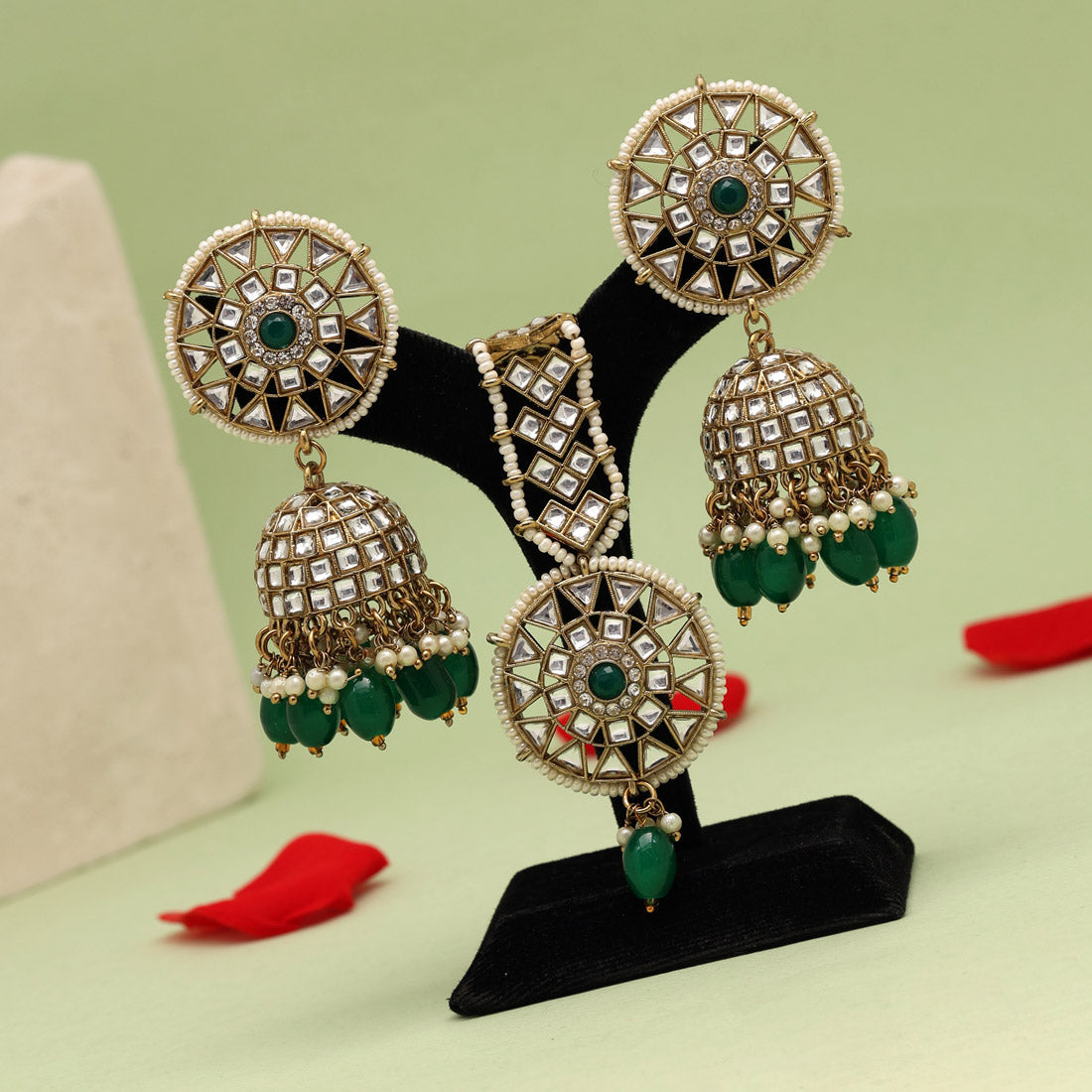 Green Color Kundan Earrings With Maang Tikka (KDTE538GRN) Jewellery GetGlit