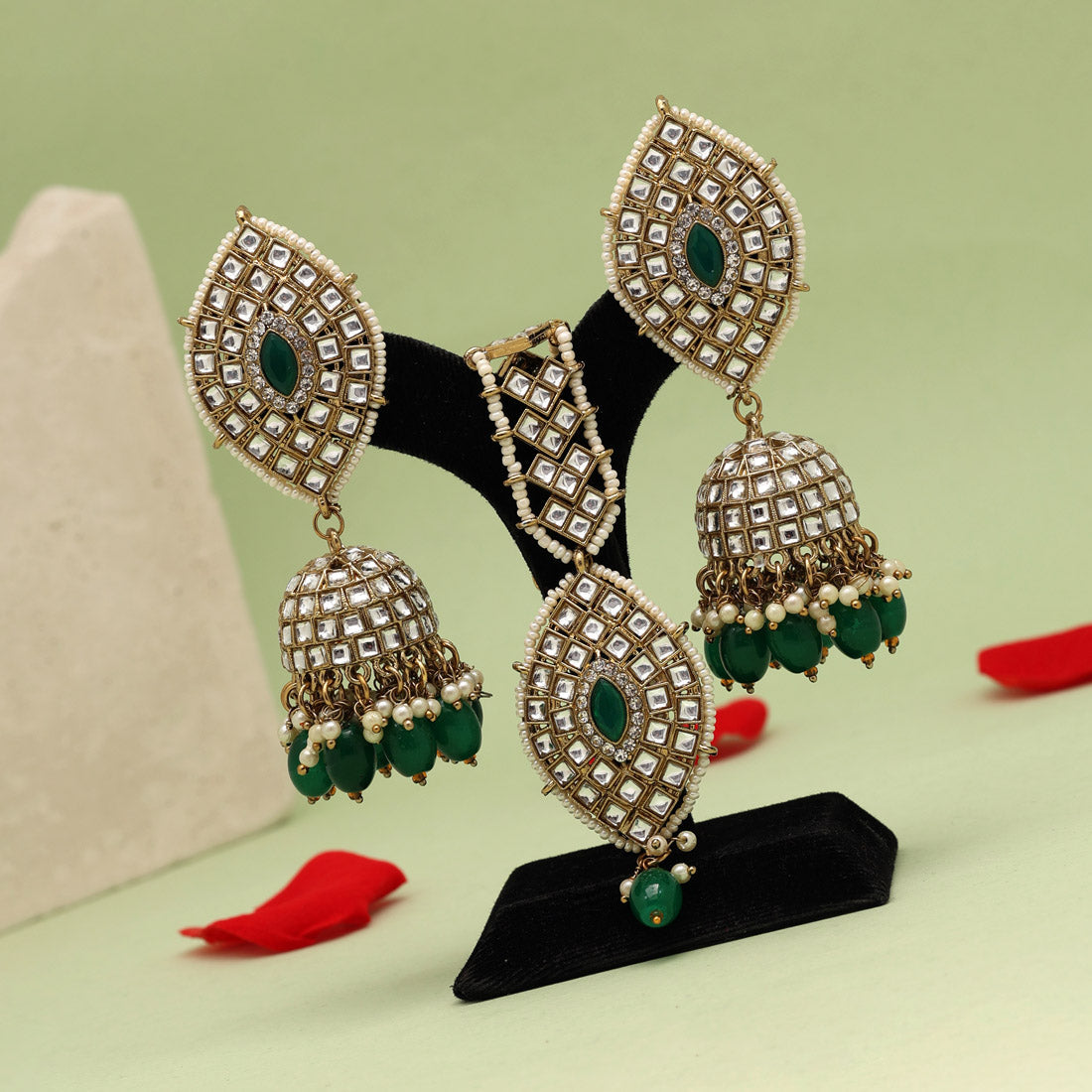 Green Color Kundan Earrings With Maang Tikka (KDTE539GRN) Jewellery GetGlit