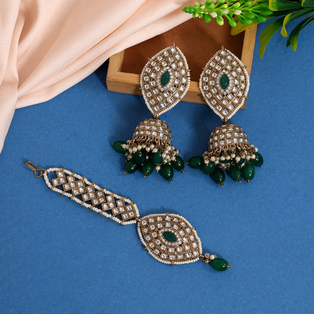 Green Color Kundan Earrings With Maang Tikka (KDTE539GRN) Jewellery GetGlit