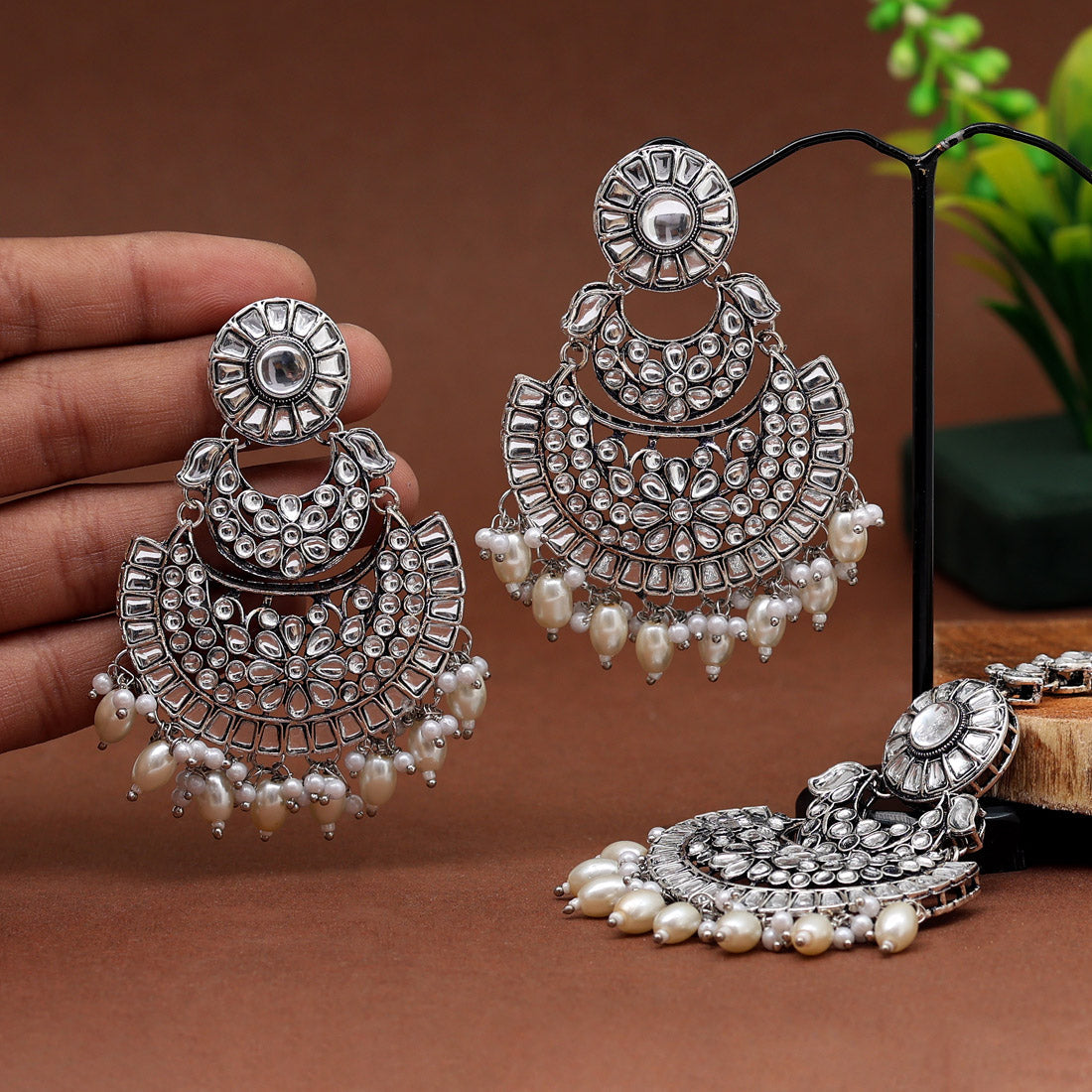 Silver Color Kundan Earrings With Maang Tikka (KDTE546SLV) Jewellery GetGlit