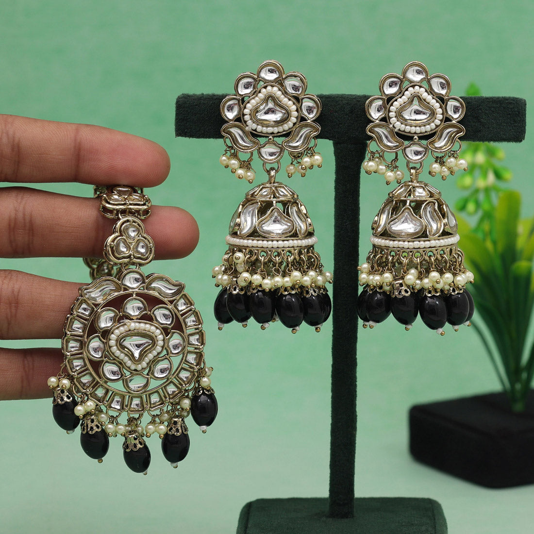 Black Color Kundan Earrings With Maang Tikka (KDTE552BLK) Jewellery GetGlit   