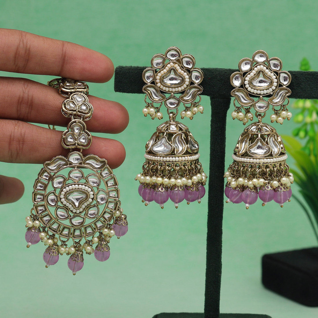 Light Purple Color Kundan Earrings With Maang Tikka Jewellery GetGlit