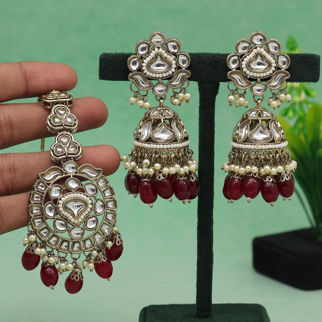 Maroon Color Kundan Earrings With Maang Tikka (KDTE552MRN) Jewellery GetGlit   