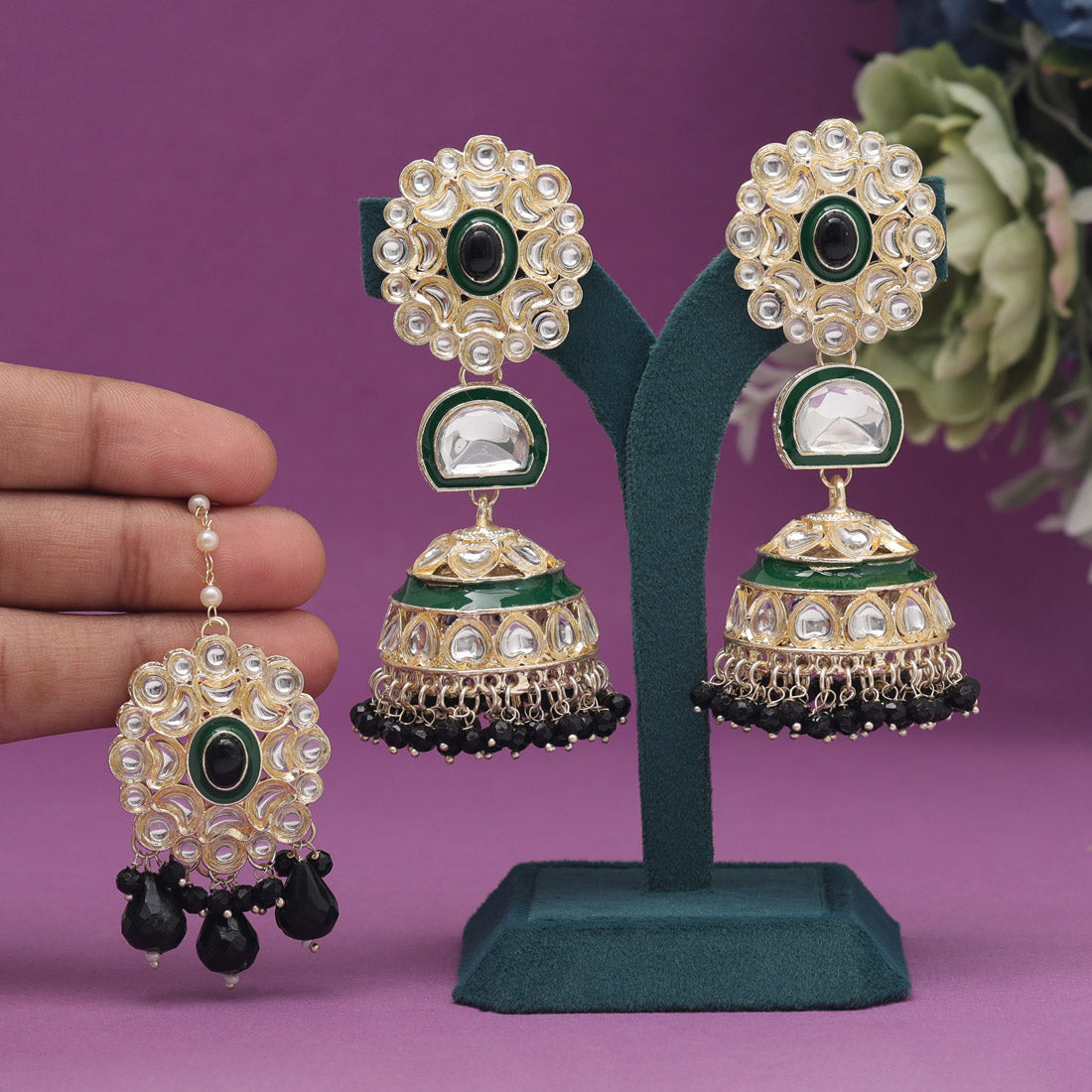 Black Color Kundan Earrings With Maang Tikka (KDTE555BLK)