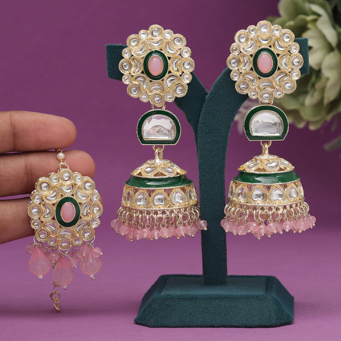 Pink Color Kundan Earrings With Maang Tikka (KDTE555PNK) Jewellery GetGlit