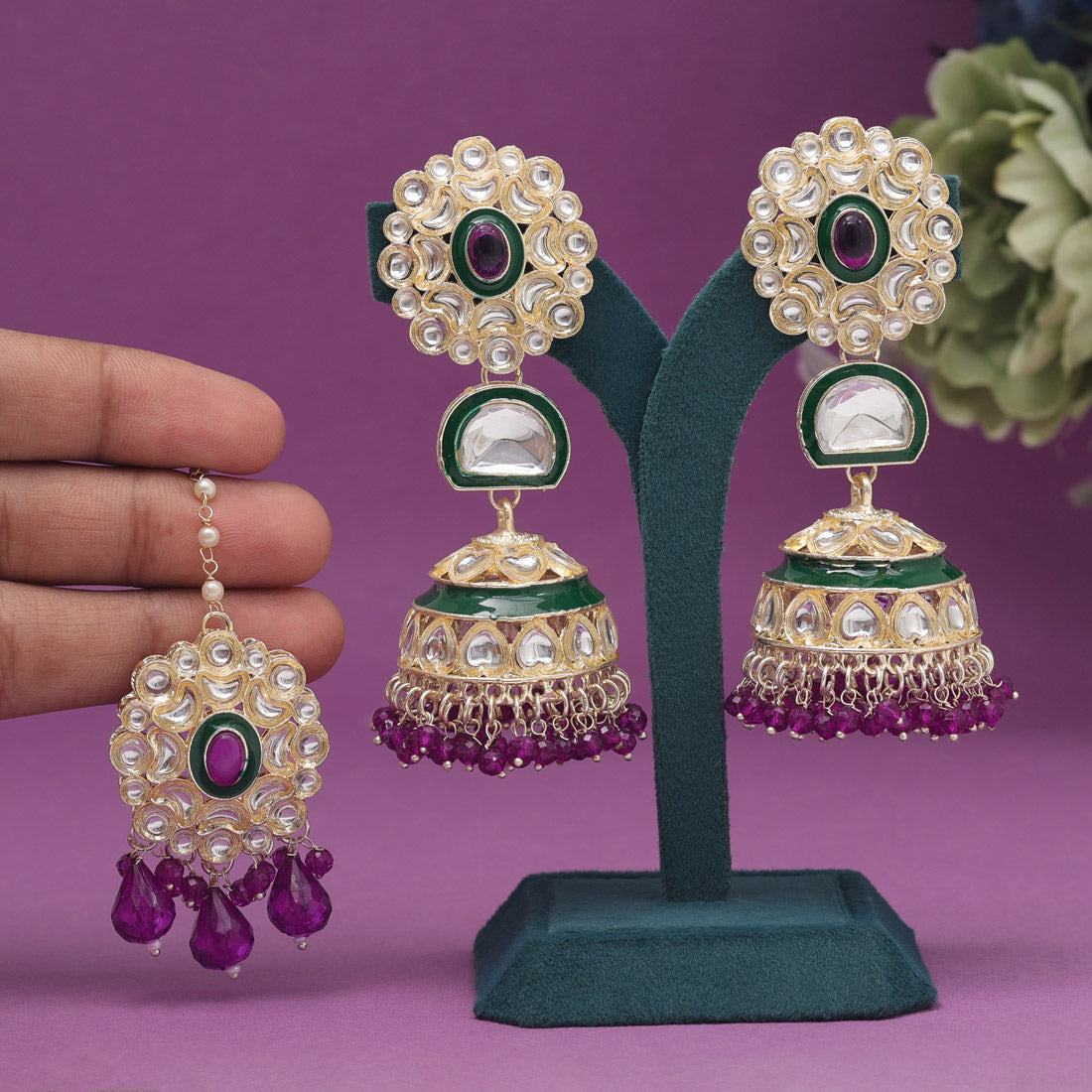 Purple Color Kundan Earrings With Maang Tikka (KDTE555PRP) Jewellery GetGlit   