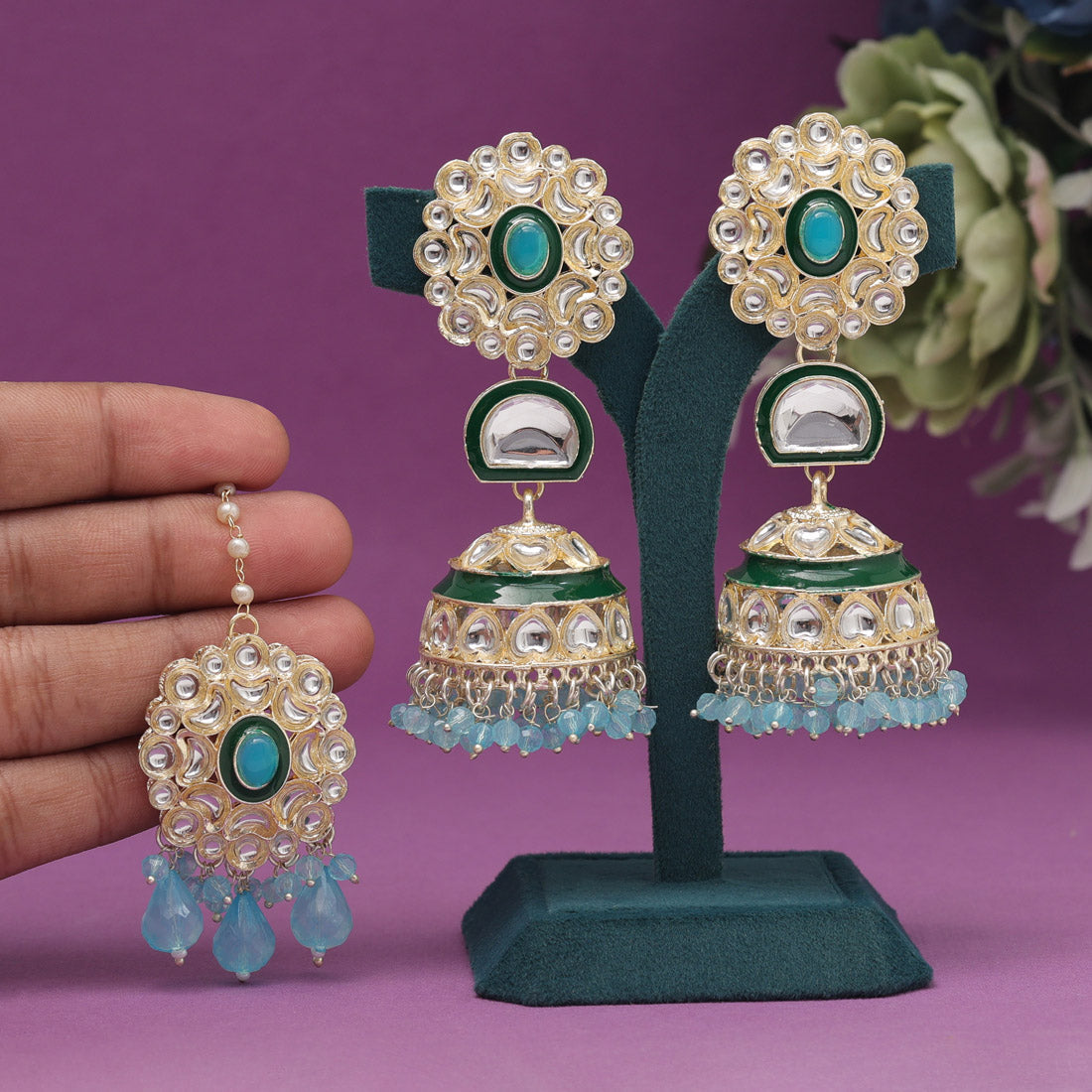 Sky Blue Color Kundan Earrings With Maang Tikka (KDTE555SBLU)