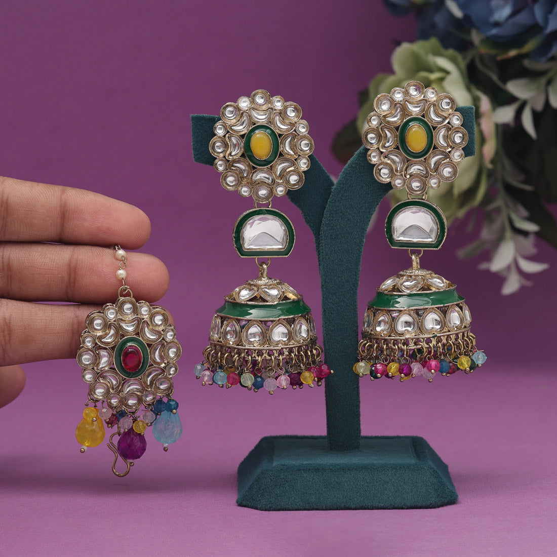 Multi Color Kundan Earrings With Maang Tikka (KDTE556MLT) Jewellery GetGlit   