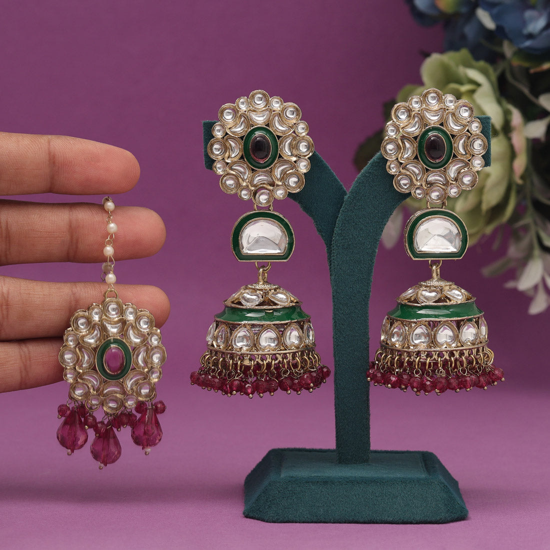 Magenta Color Kundan Earrings With Maang Tikka (KDTE556MNT) Jewellery GetGlit   