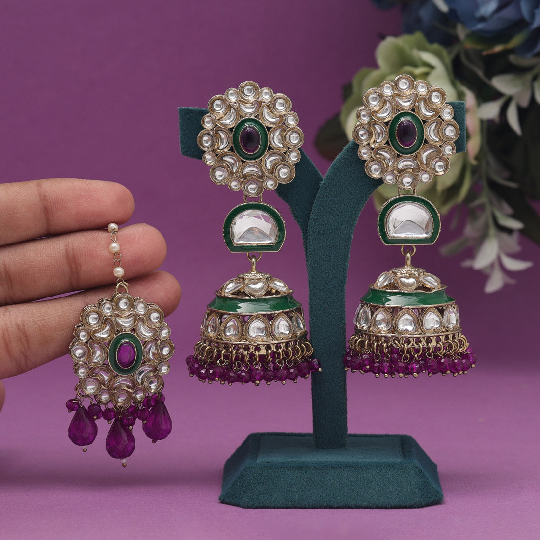 Purple Color Kundan Earrings With Maang Tikka (KDTE556PRP) Jewellery GetGlit   