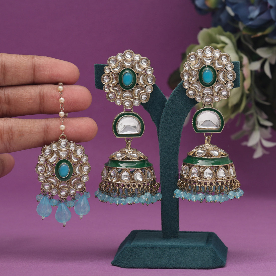 Sky Blue Color Kundan Earrings With Maang Tikka (KDTE556SBLU) Jewellery GetGlit   