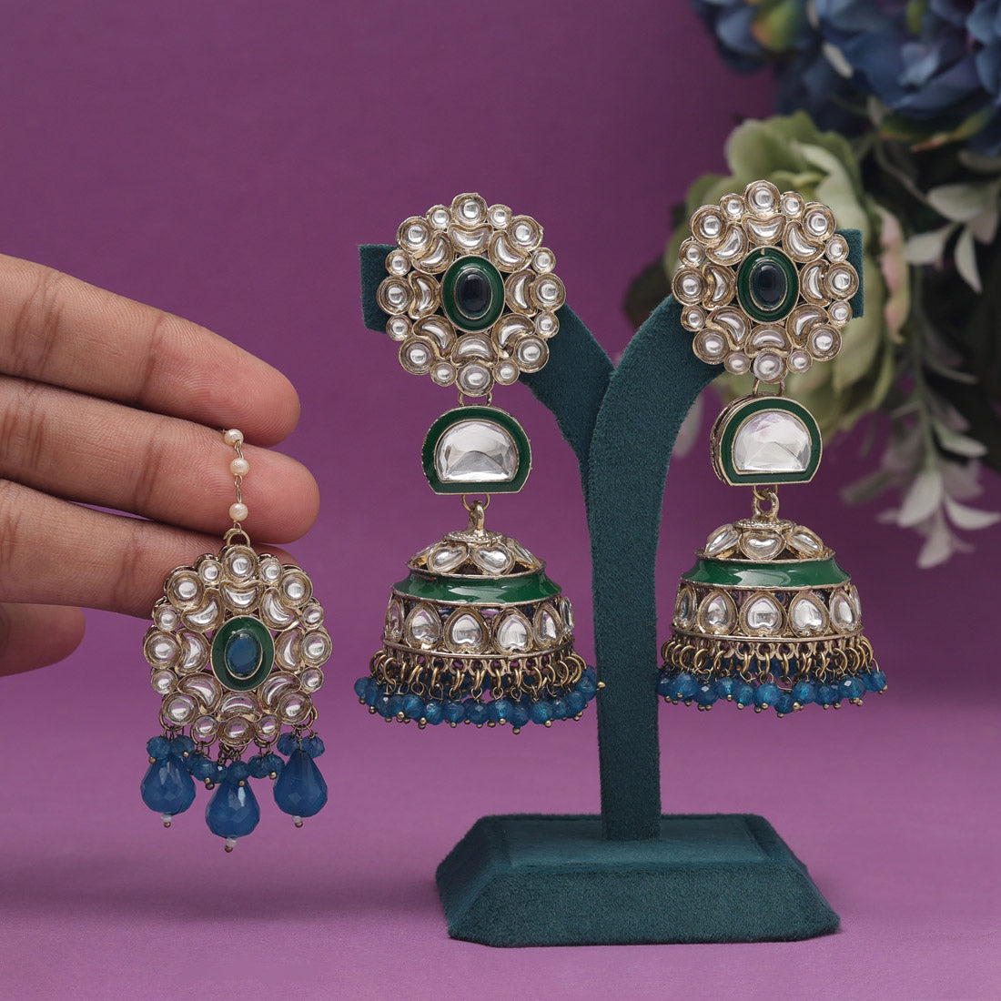 Turquoise Blue Color Kundan Earrings With Maang Tikka (KDTE556TBLU) Jewellery GetGlit   