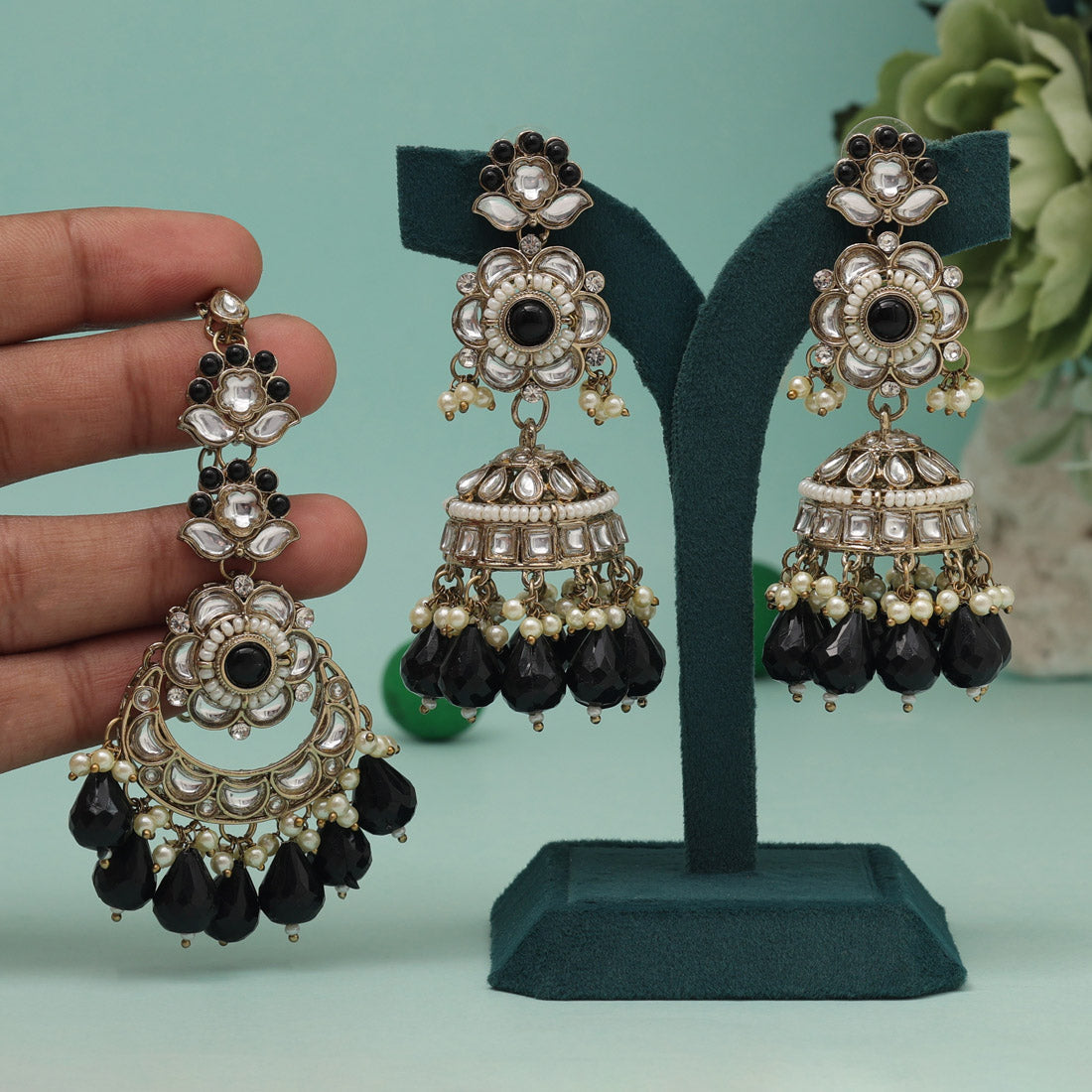 Black Color Kundan Earrings With Maang Tikka (KDTE557BLK) Jewellery GetGlit