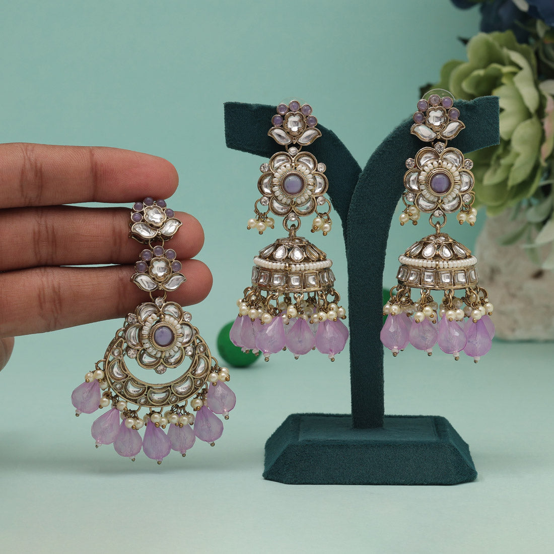 Light Purple Color Kundan Earrings With Maang Tikka (KDTE557LPRP) Jewellery GetGlit   