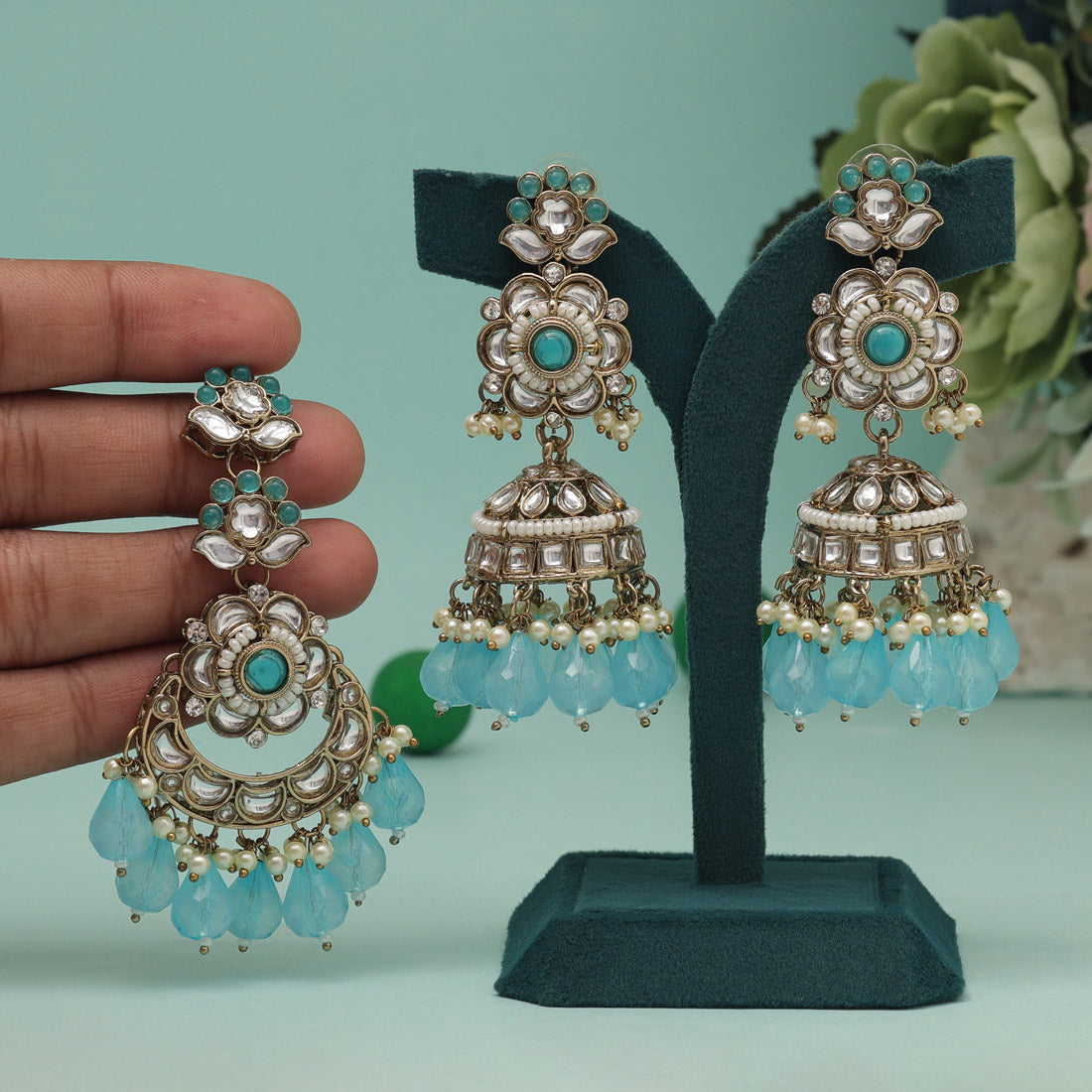 Sky Blue Color Kundan Earrings With Maang Tikka (KDTE557SBLU) Jewellery GetGlit   