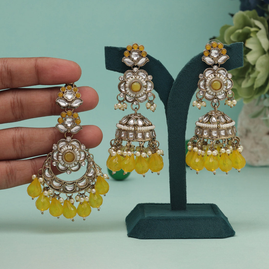 Yellow Color Kundan Earrings With Maang Tikka (KDTE557YLW) Jewellery GetGlit