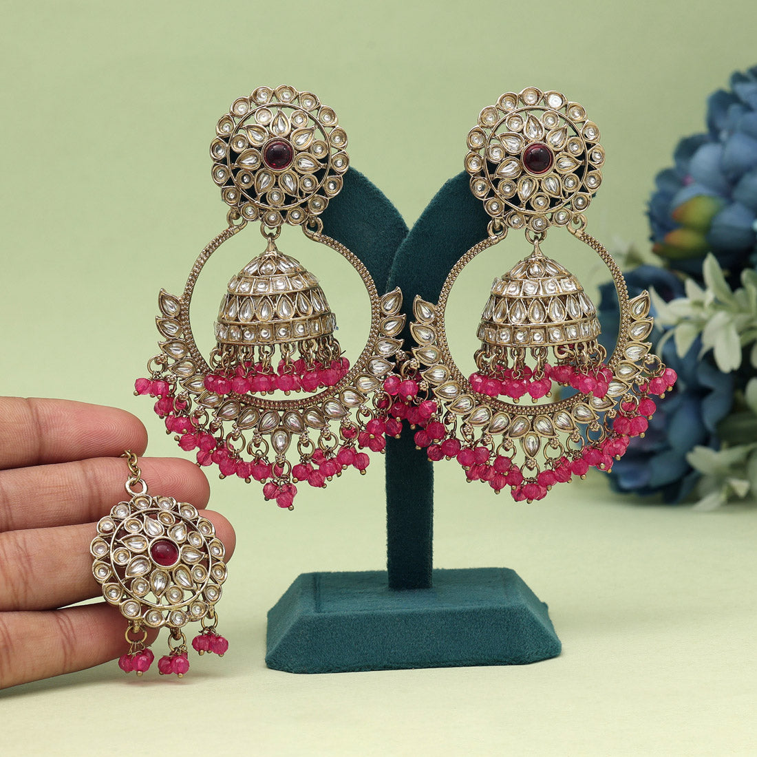 Rani Color Kundan Earrings With Maang Tikka (KDTE562RNI) Jewellery GetGlit