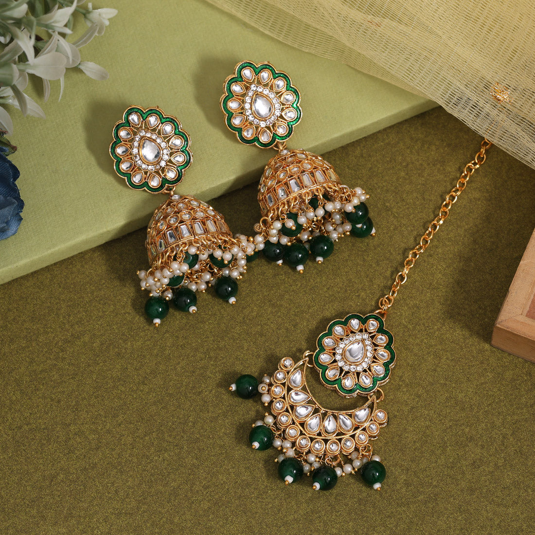 Green Color Kundan Earrings With Maang Tikka (KDTE569GRN Jewellery GetGlit