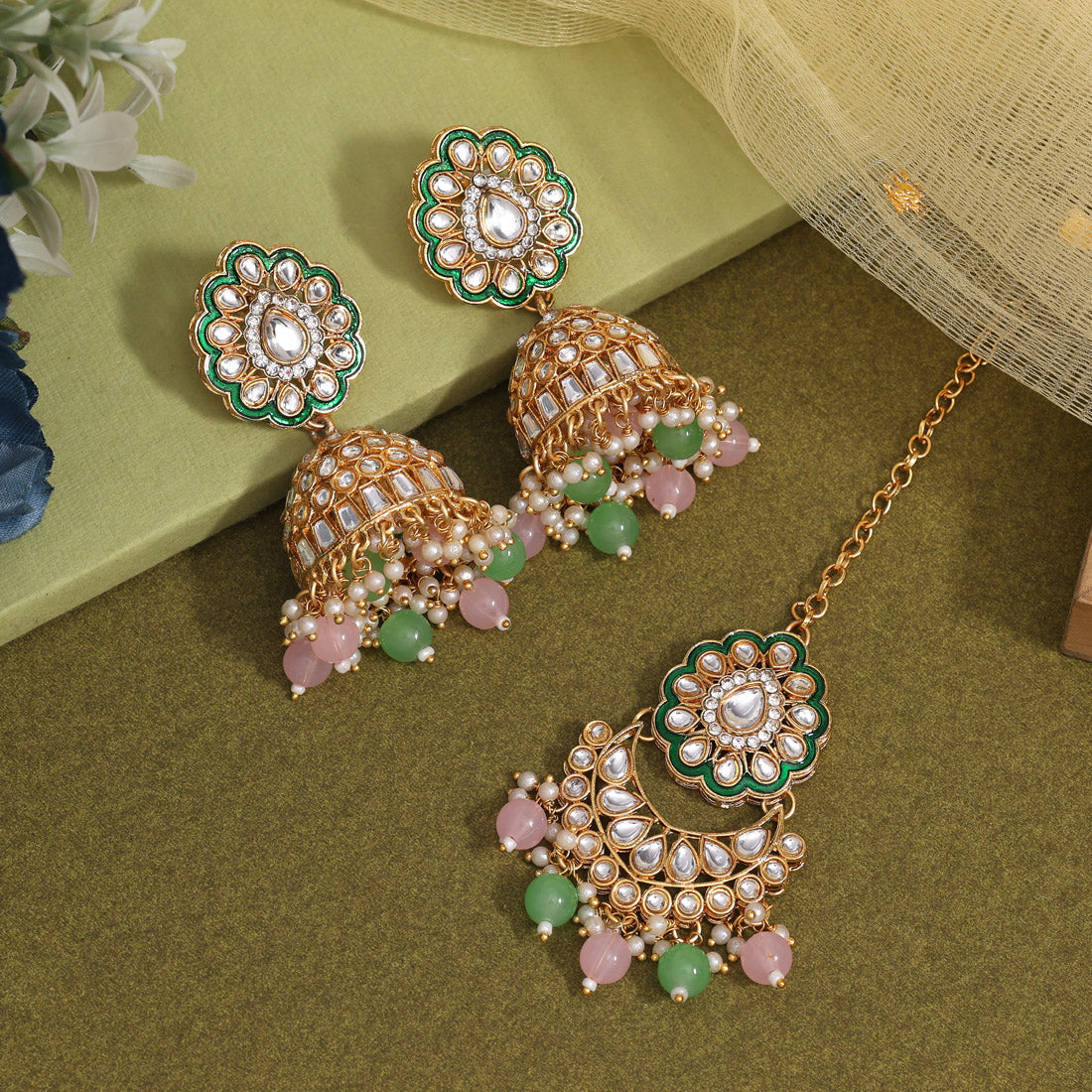 Pink & Pista Green Color Kundan Earrings With Maang Tikka (KDTE569PNKPGRN Jewellery GetGlit   