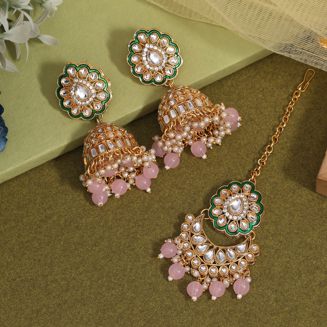 Pink Color Kundan Earrings With Maang Tikka (KDTE569PNK Jewellery GetGlit