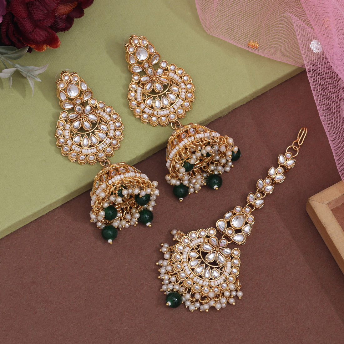 Green Color Kundan Earrings With Maang Tikka (KDTE571GRN Jewellery GetGlit   