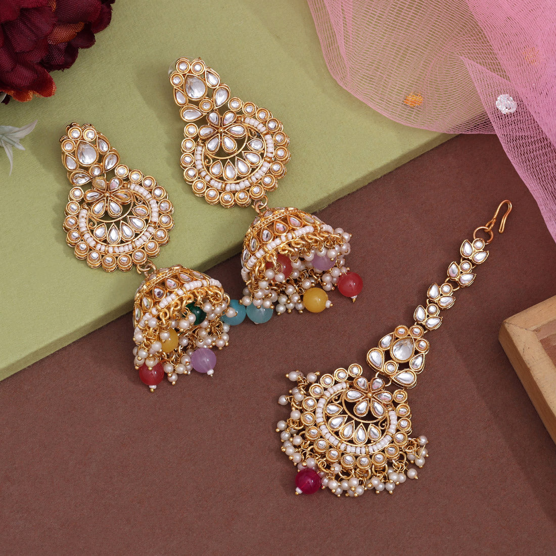 Multi Color Kundan Earrings With Maang Tikka (KDTE571MLT Jewellery GetGlit