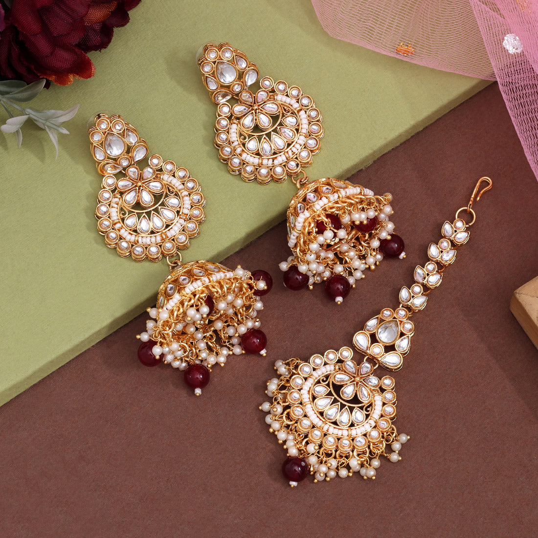 Maroon Color Kundan Earrings With Maang Tikka (KDTE571MRN Jewellery GetGlit   