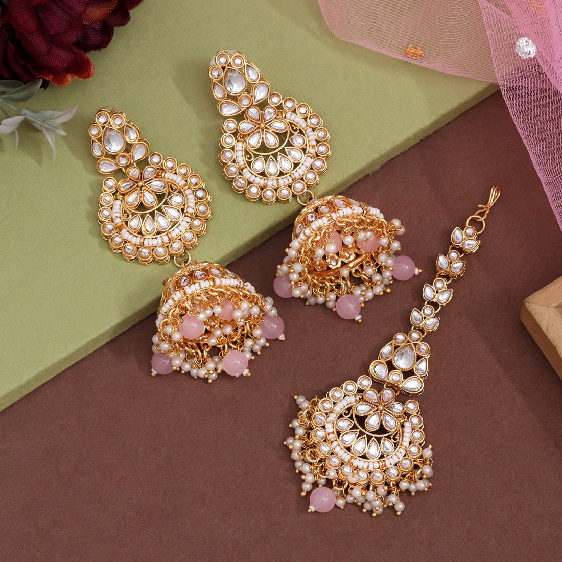 Pink Color Kundan Earrings With Maang Tikka (KDTE571PNK Jewellery GetGlit