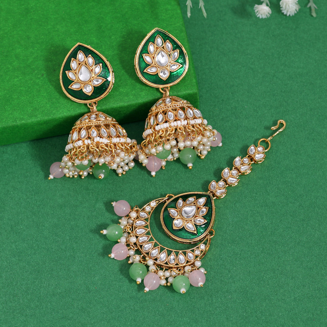 Pink & Pista Green Color Kundan Earrings With Maang Tikka (KDTE573PNKPGRN Jewellery GetGlit   