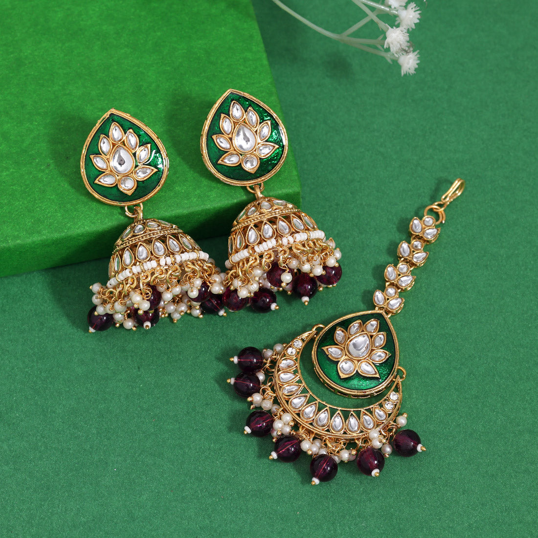 Purple Color Kundan Earrings With Maang Tikka (KDTE573PRP