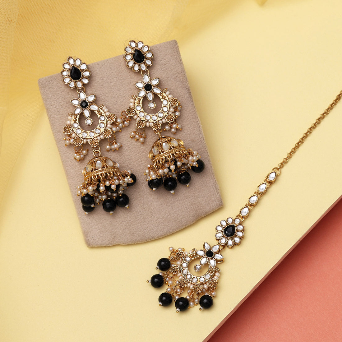 Black Color Kundan Earrings With Maang Tikka (KDTE575BLK) Jewellery GetGlit