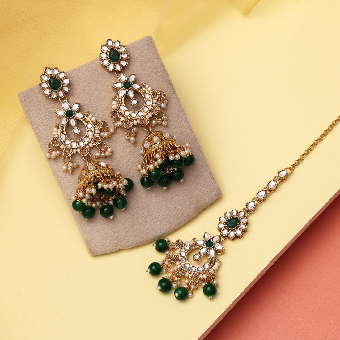 Green Color Kundan Earrings With Maang Tikka (KDTE575GRN) Jewellery GetGlit