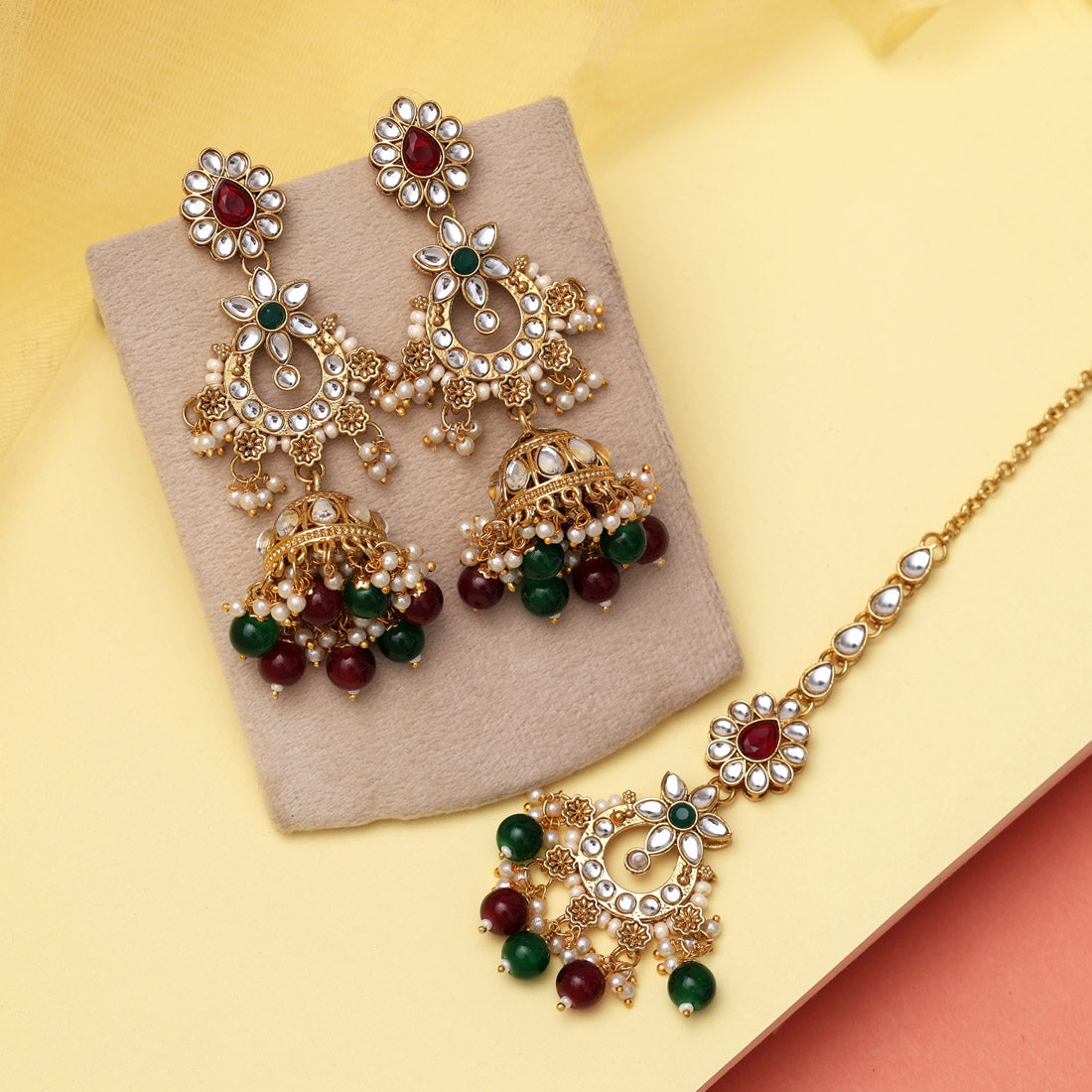 Maroon & Green Color Kundan Earrings With Maang Tikka (KDTE575MG) Jewellery GetGlit