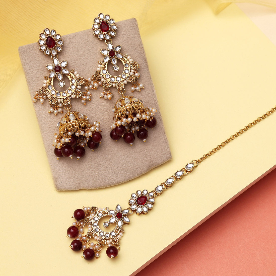 Maroon Color Kundan Earrings With Maang Tikka (KDTE575MRN) Jewellery GetGlit   