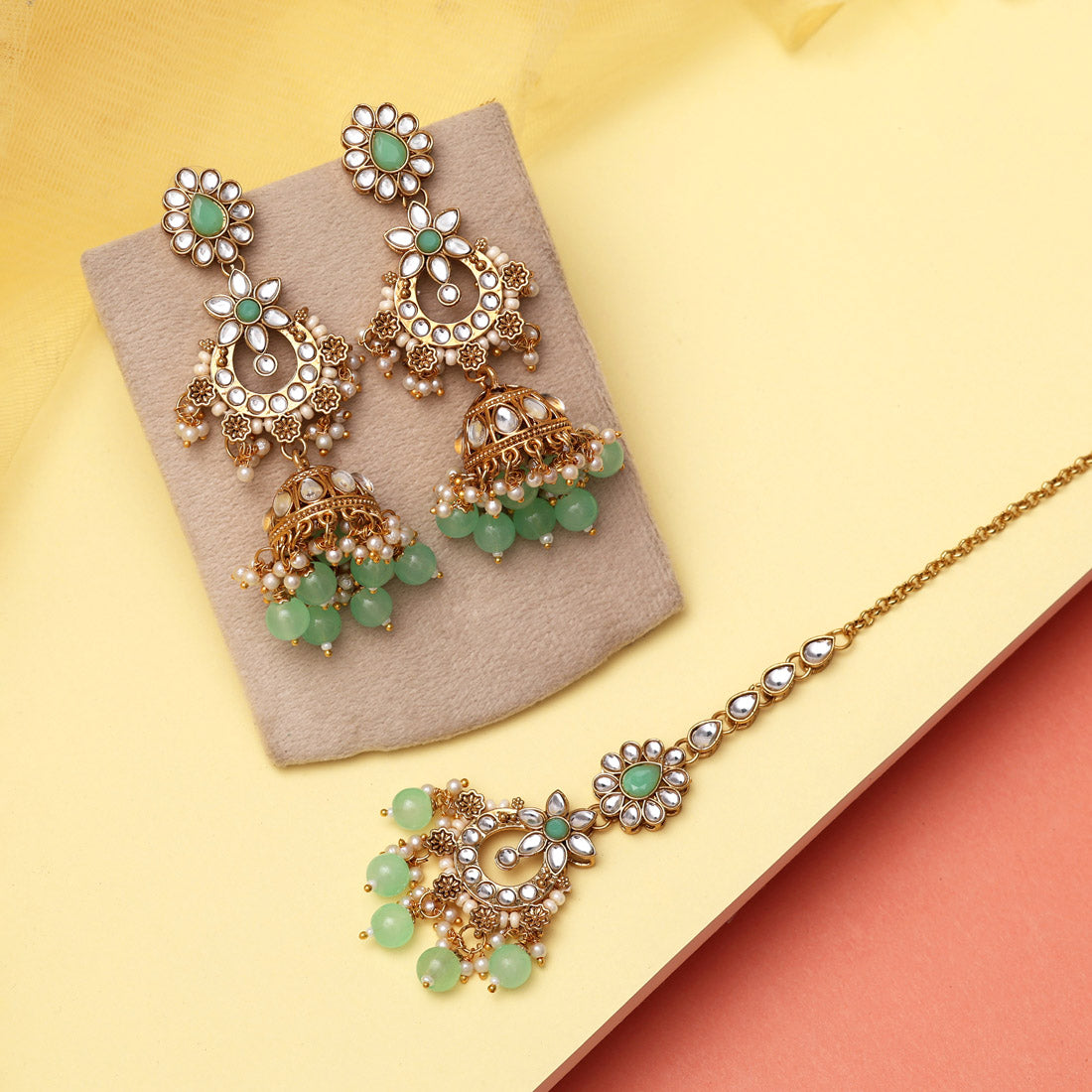 Pista Green Color Kundan Earrings With Maang Tikka (KDTE575PGRN)