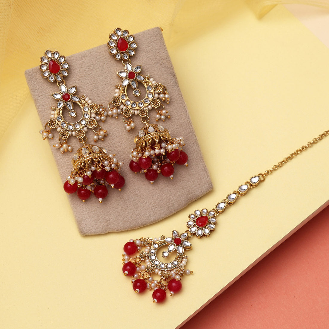 Red Color Kundan Earrings With Maang Tikka (KDTE575RED) Jewellery GetGlit   