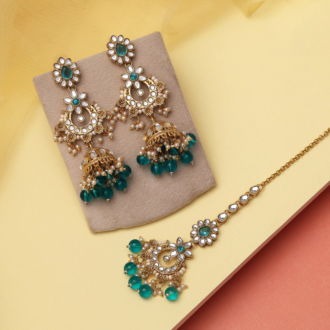 Turquoise Blue Color Kundan Earrings With Maang Tikka (KDTE575TBLU) Jewellery GetGlit   