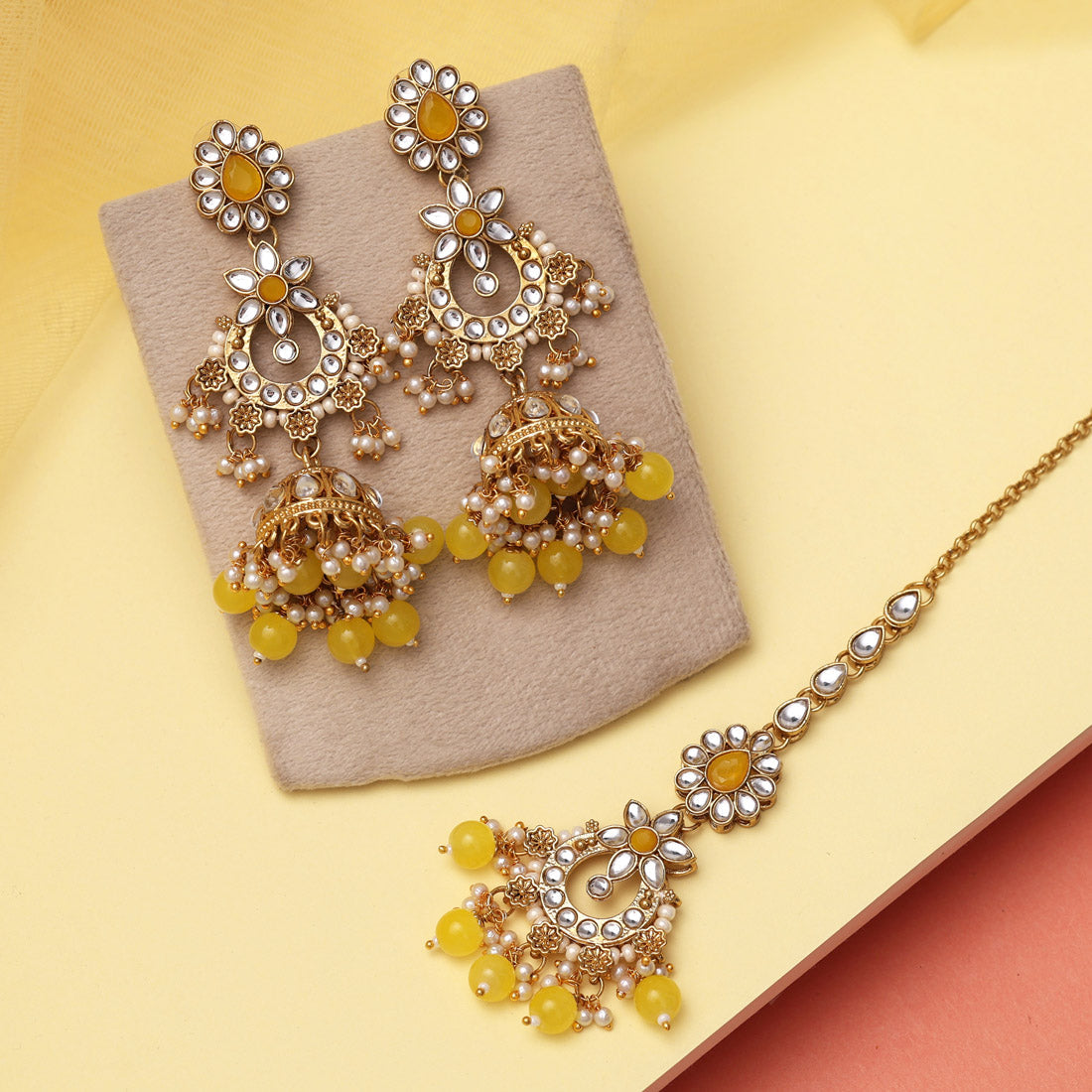 Yellow Color Kundan Earrings With Maang Tikka (KDTE575YLW) Jewellery GetGlit