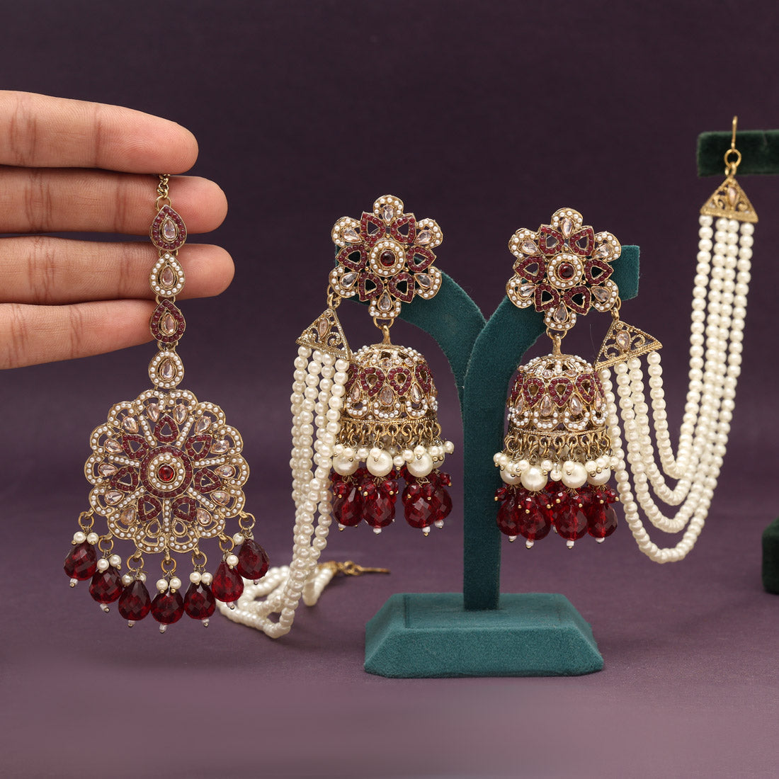 Maroon Color Pakistani Kundan Earrings With Maang Tikka (KDTE579MRN) Jewellery GetGlit
