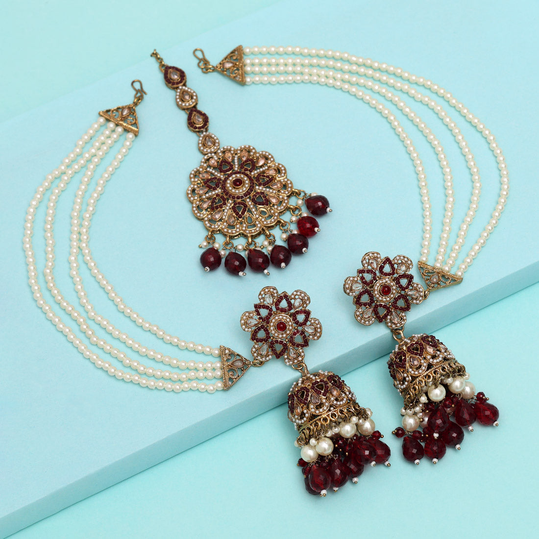 Maroon Color Pakistani Kundan Earrings With Maang Tikka (KDTE579MRN) Jewellery GetGlit