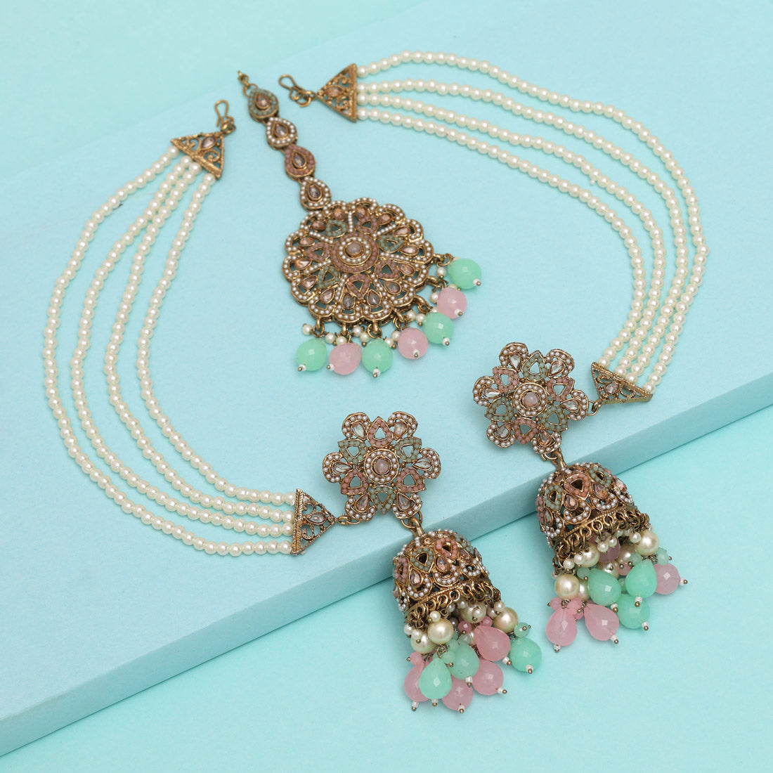 Pink & Pista Green Color Pakistani Kundan Earrings With Maang Tikka (KDTE579PNKPGRN) Jewellery GetGlit