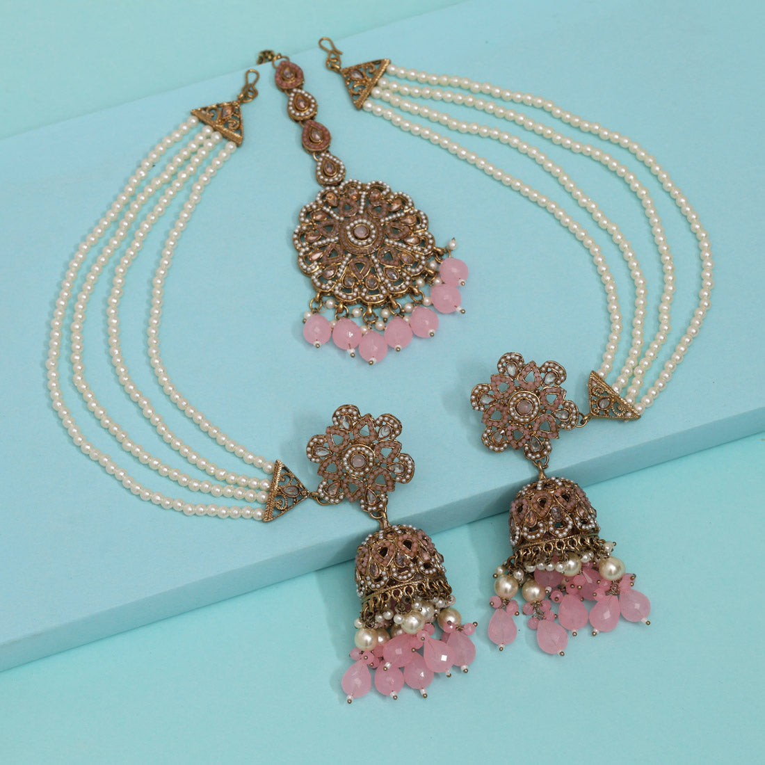 Pink Color Pakistani Kundan Earrings With Maang Tikka (KDTE579PNK) Jewellery GetGlit   