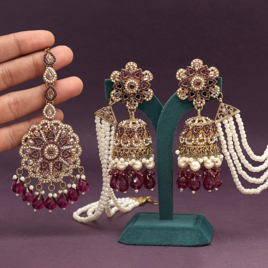 Purple Color Pakistani Kundan Earrings With Maang Tikka (KDTE579PRP) Jewellery GetGlit