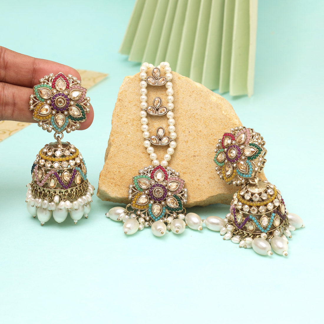 Multi Color Pakistani Kundan Earrings With Maang Tikka (KDTE587MLT)