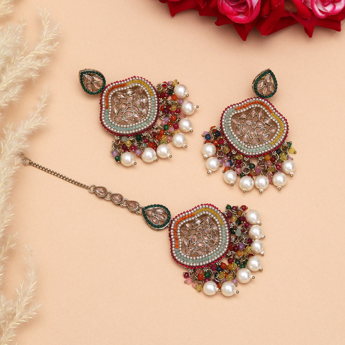 Multi Color Pakistani Kundan Earrings With Maang Tikka (KDTE591MLT) Jewellery GetGlit