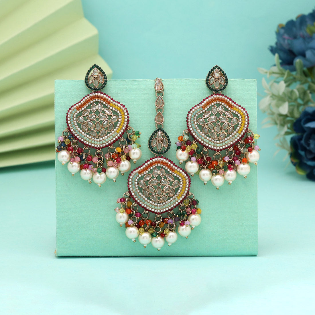 Multi Color Pakistani Kundan Earrings With Maang Tikka (KDTE591MLT) Jewellery GetGlit