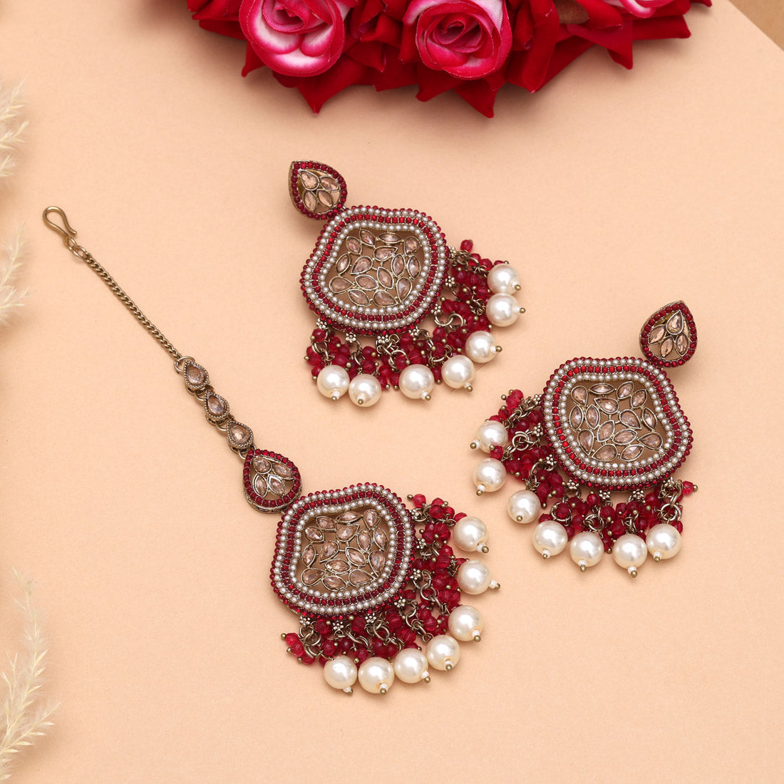 Rani Color Pakistani Kundan Earrings With Maang Tikka (KDTE591RNI) Jewellery GetGlit