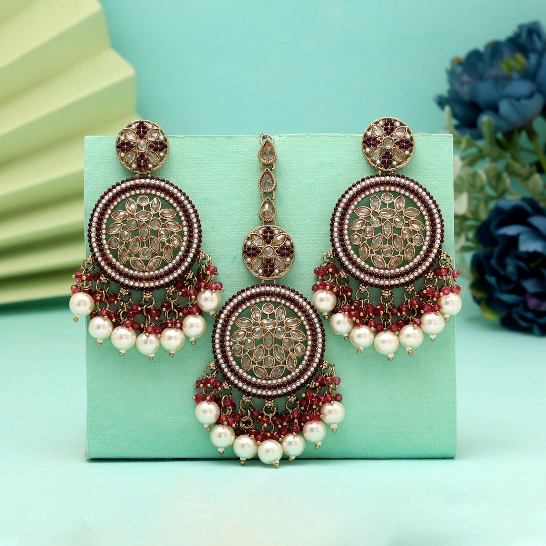 Magenta Color Pakistani Kundan Earrings With Maang Tikka (KDTE592MNT) Jewellery GetGlit