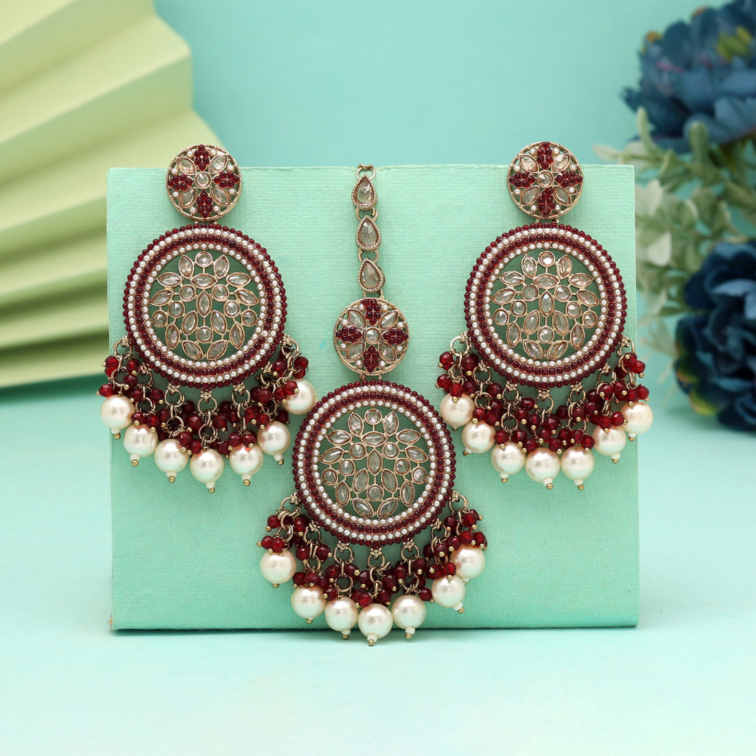 Maroon Color Pakistani Kundan Earrings With Maang Tikka (KDTE592MRN) Jewellery GetGlit