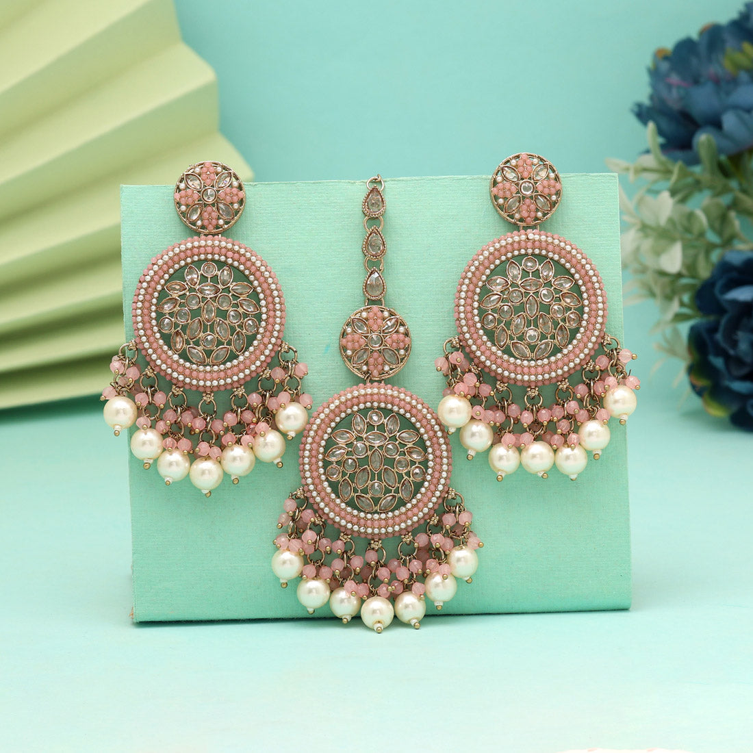 Pink Color Pakistani Kundan Earrings With Maang Tikka (KDTE592PNK) Jewellery GetGlit